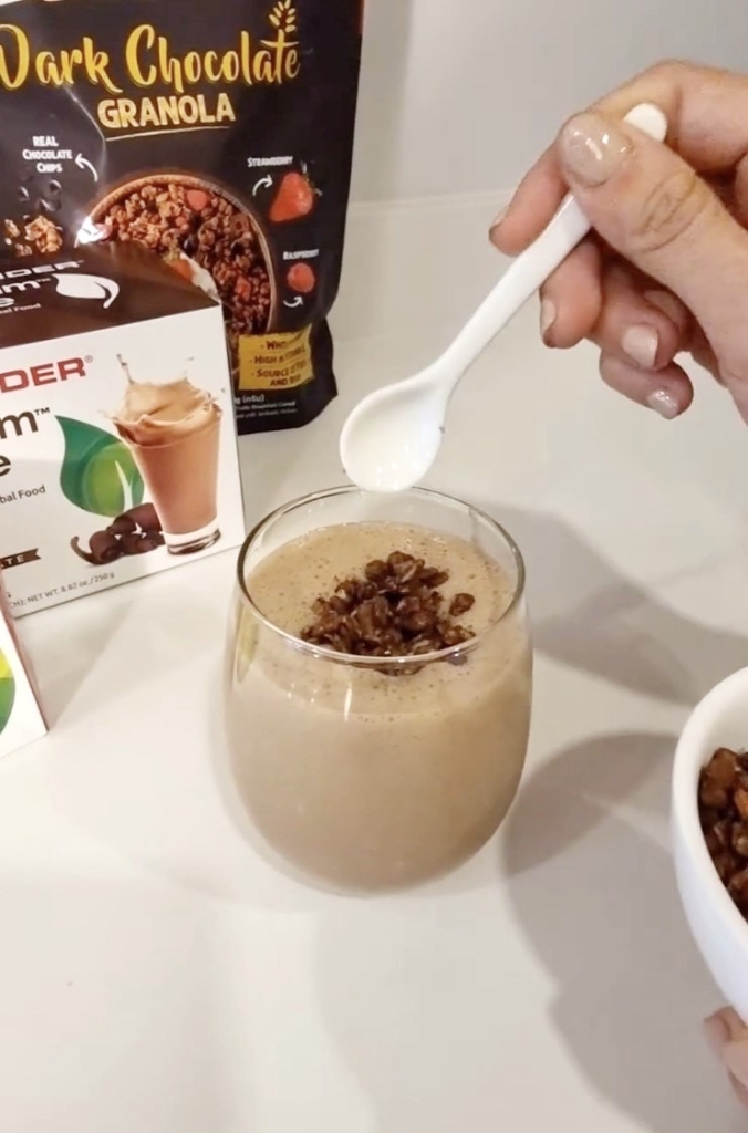 Garnish with chocolate granola and enjoy your drink
